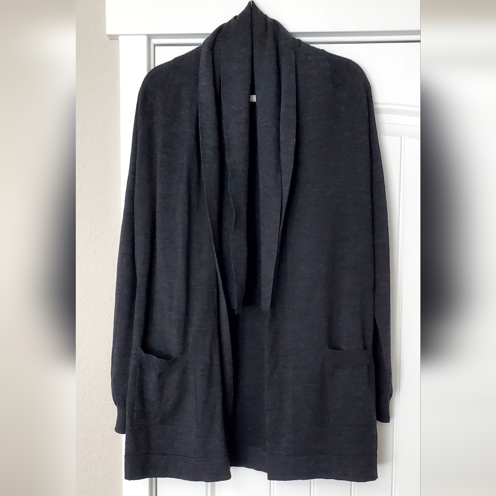 Theory Wool Knit Shawl Collar Neckline Open Cardigan, Charcoal, Med. EUC